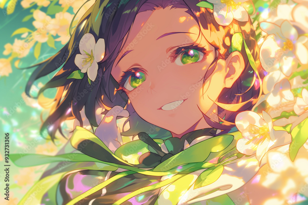 Smiling young woman with bright green eyes and dark hair, adorned with white flowers, surrounded by soft sunlight and vibrant blossoms Smiling young woman with bright green eyes and dark hair, adorned with white flowers, surrounded by soft sunlight and vibrant blossoms
