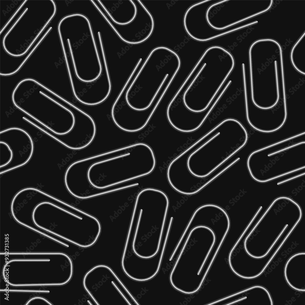 3d paper clips seamless pattern. Grey metallic clips seamless background. Gray paperclip black background. Business or education background. 3d paper clips seamless pattern. Grey metallic clips seamless background. Gray paperclip black background. Business or education background.