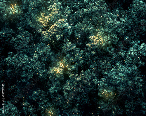 Aerial view of a dense forest at dusk