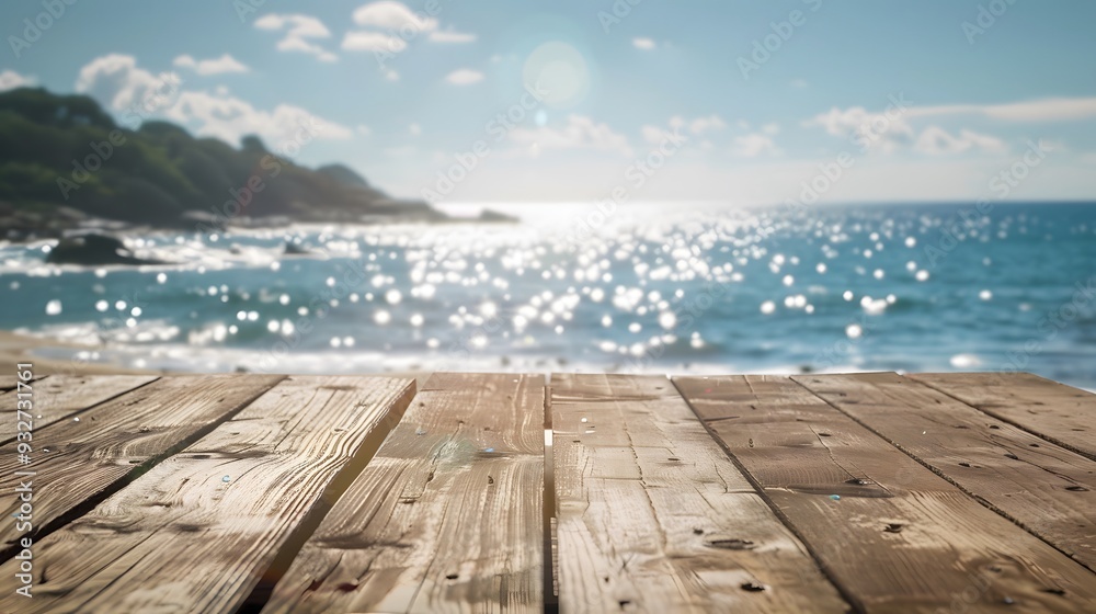 Fototapeta premium Wood table top on blur sparkling sea water and summer sky background.