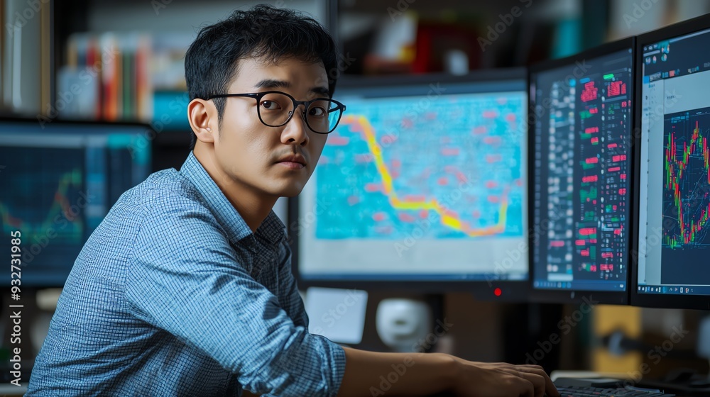 Fototapeta premium Focused businessman working on computer with charts and graphs.