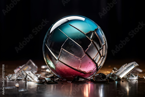 Shattered holiday ornament pieces with reflective surface