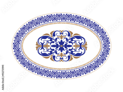 Geometric Moroccan Seamless Pattern, oval frame arabesque blue gold. Moroccan pattern. Blue gold plate with a large floral element in the center. Pattern frame for oval ceramics, textiles, patchworks