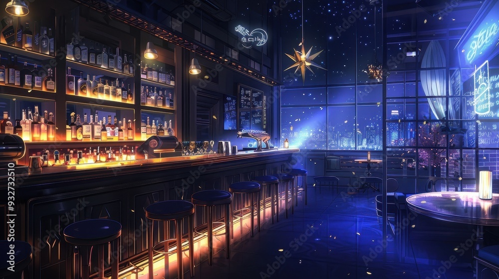 Fototapeta premium This lively bar showcases an array of drinks, glowing lights, and a breathtaking city skyline, creating a captivating nighttime atmosphere