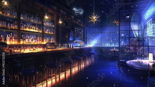 This lively bar showcases an array of drinks, glowing lights, and a breathtaking city skyline, creating a captivating nighttime atmosphere