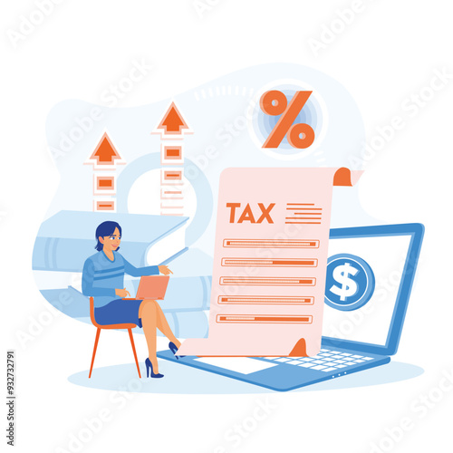 Woman planning financial budget. Female accountant calculating and filling out tax documents online. Tax Audit concept. Flat vector illustration.