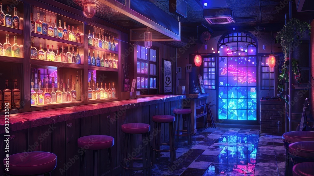 The interior of a modern anime-inspired bar showcases vibrant lighting, a sleek counter, and a cozy ambiance for guests The interior of a modern anime-inspired bar showcases vibrant lighting, a sleek counter, and a cozy ambiance for guests