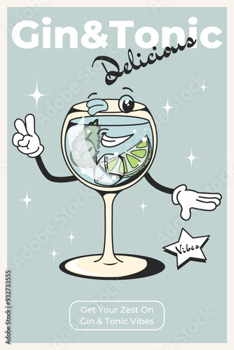 Gin tonic trendy poster with retro cocktail character. Mascot for bars and restaurants.60's and 70's character for retro posters and postcards in modern groovy style.Bar menu concept.