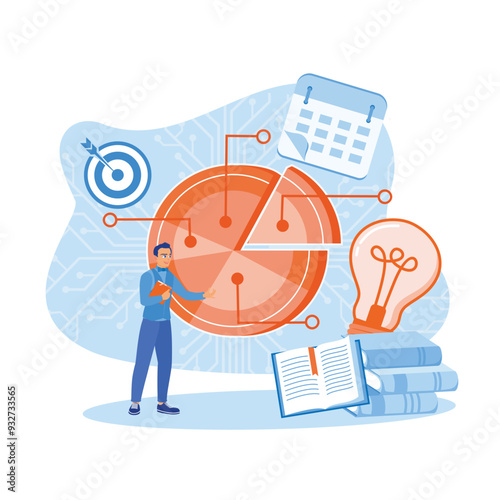 Businessman making workflow chart. Develop ideas and manage time to achieve targets. Business Plan concept. Flat vector illustration.