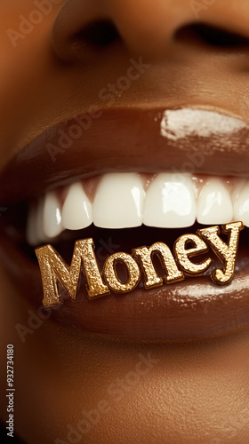  lips closeup black woman with gold grill in teeth that spells money burgundy lipstick beauty businesswoman hustler vertical social media post photo