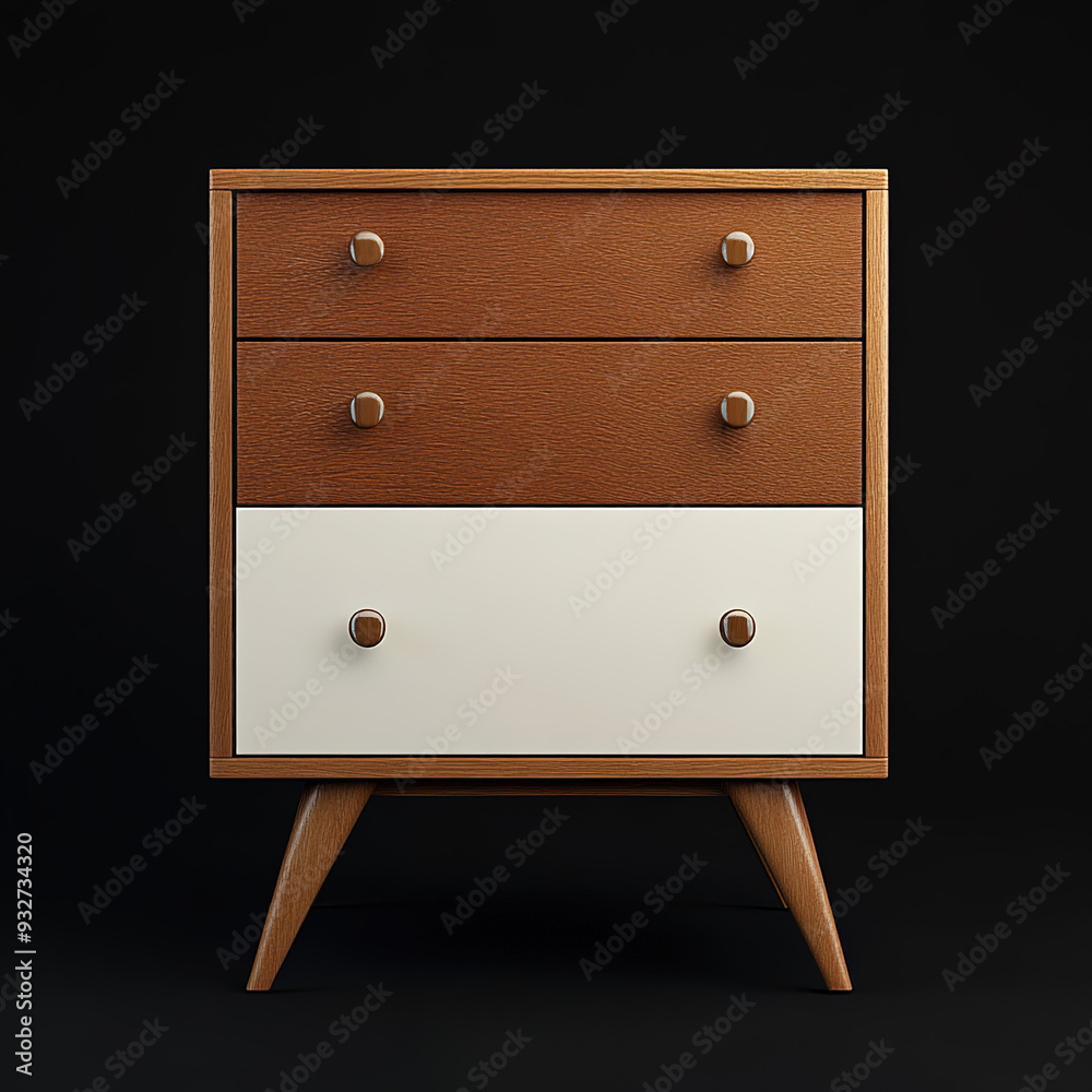 Classic Retro Three-Drawer Chest in White and Brown Color Combination, Displayed on a Black Isolated Background, High Resolution. Classic Retro Three-Drawer Chest in White and Brown Color Combination, Displayed on a Black Isolated Background, High Resolution.