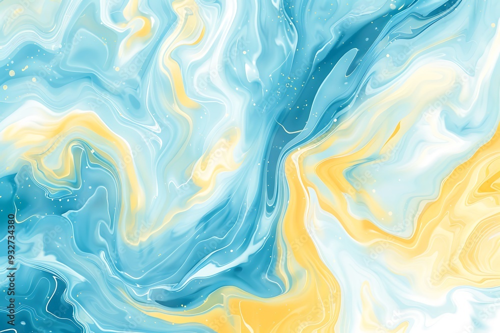 Obraz premium Abstract background with a swirling liquid marble pattern in pastel blue and yellow colors, on a white background, 