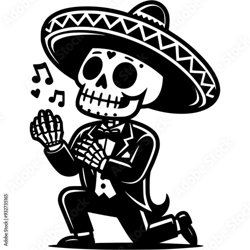 Mexican singer in black suit and wide hat wearing skeleton mask stands on one knee and sings serenade in monochrome. Simple minimalistic vector in black ink drawing on transparent background