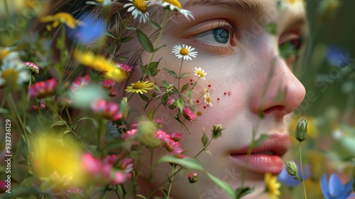 A woman's face is covered in flowers, giving the impression of a wild