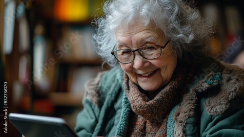 Senior Woman Smiling Tablet.