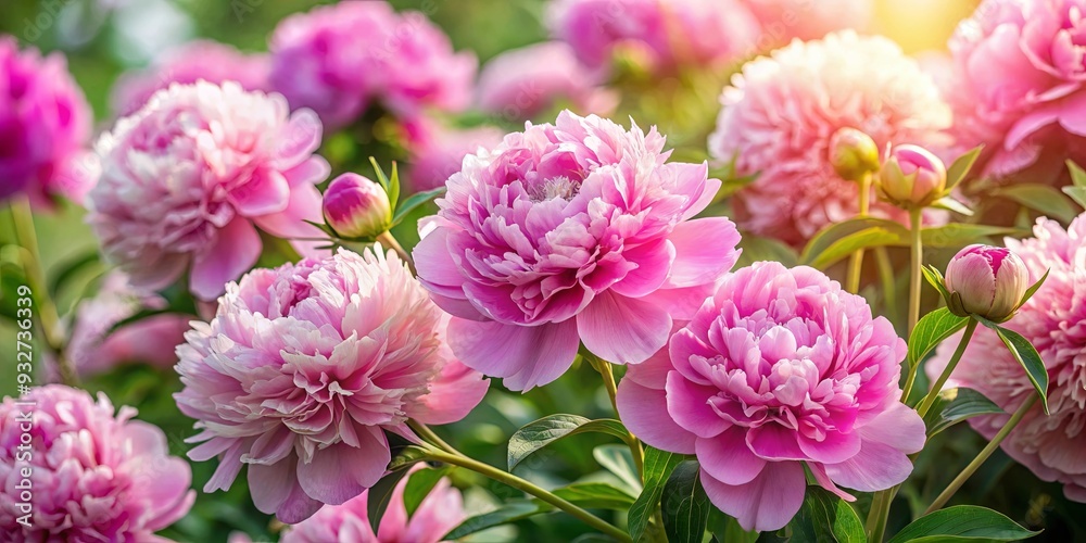 Fluffy pink peonies in full bloom creating a beautiful background Fluffy pink peonies in full bloom creating a beautiful background