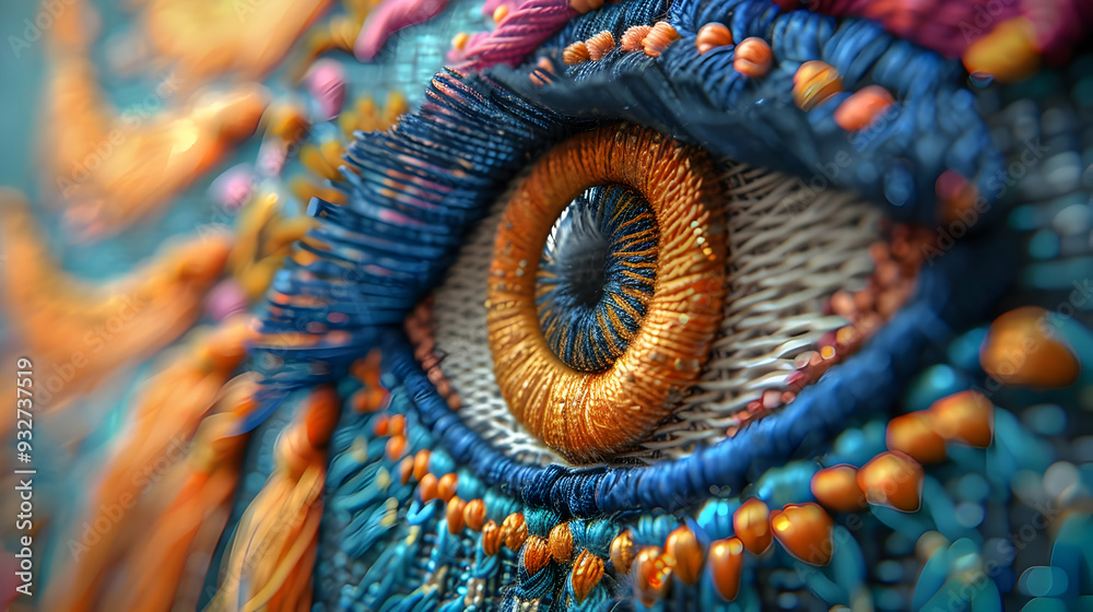 Embroidered Eye with Blue and Orange Threads, Macro Photography Embroidered Eye with Blue and Orange Threads, Macro Photography