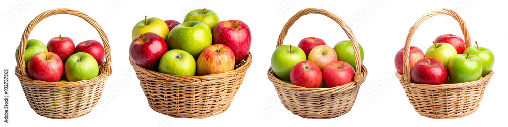 Variety of apples in wicker baskets showcasing fresh fruits for healthy eating and nutrition Variety of apples in wicker baskets showcasing fresh fruits for healthy eating and nutrition