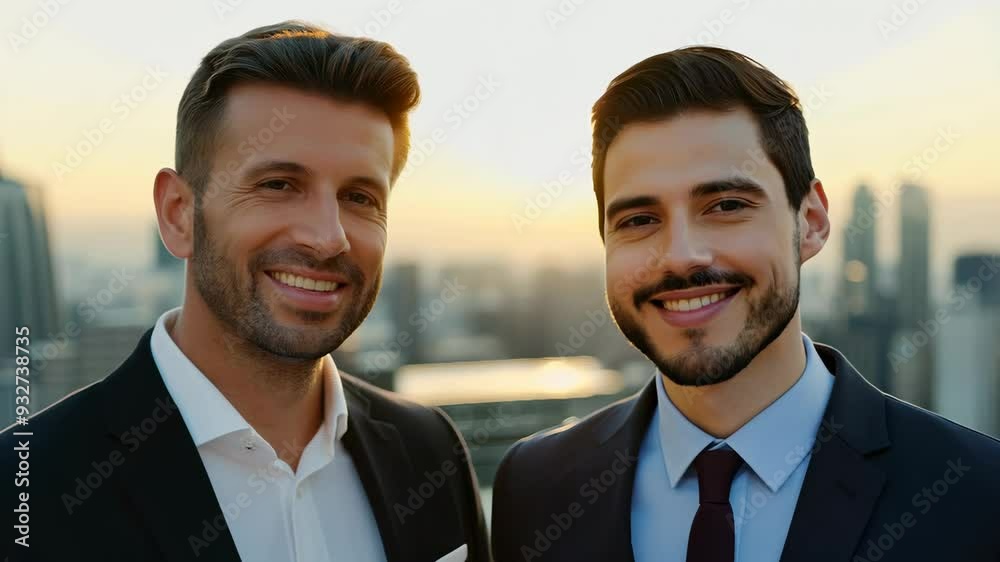 Two Professionals Smiling on Rooftop at Sunset Two Professionals Smiling on Rooftop at Sunset