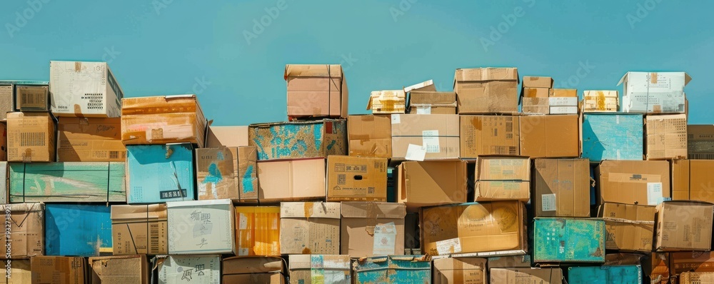 Stack of Cardboard Boxes Against a Clear Blue Sky