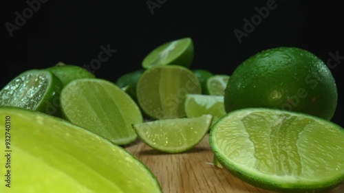 Close-up, a vibrant slice of fresh lime rests upon a rustic wooden cutting board, exuding freshness and vitality. The translucent membranes of the green lime slice placed on cutting board. Comestible.