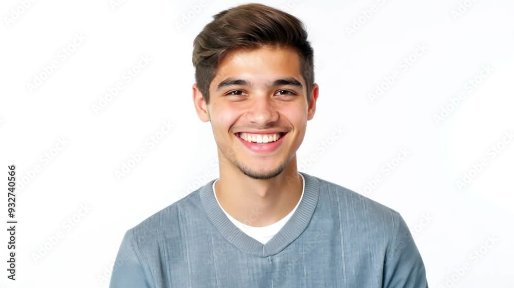 Young man smiling in casual blue sweater during a photography session