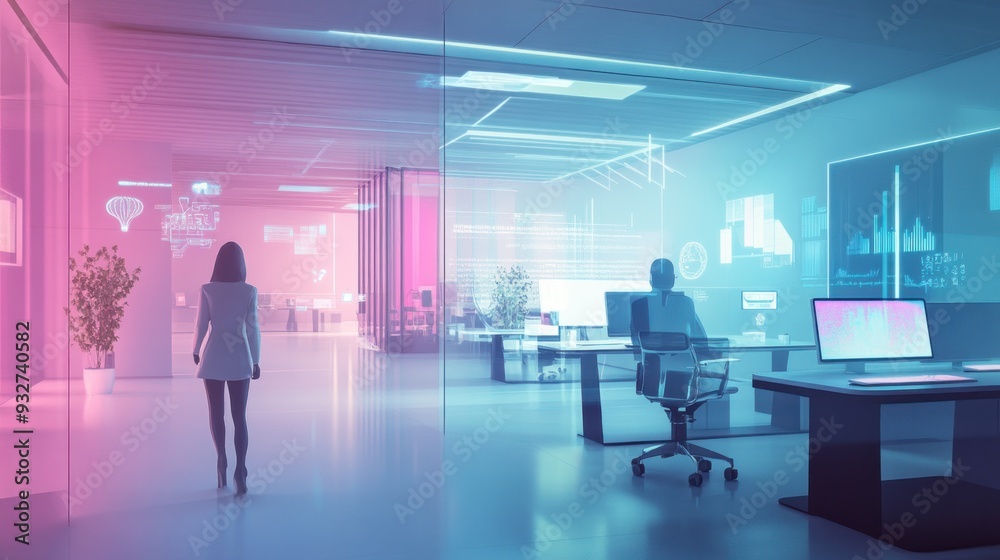 Futuristic Office Interior with Holographic Data Displays Futuristic Office Interior with Holographic Data Displays