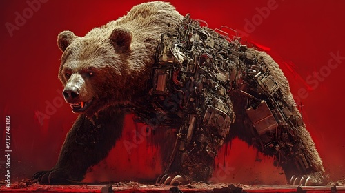 Aggressive Bear Preparing for Fierce Battle on Futuristic Red Background photo