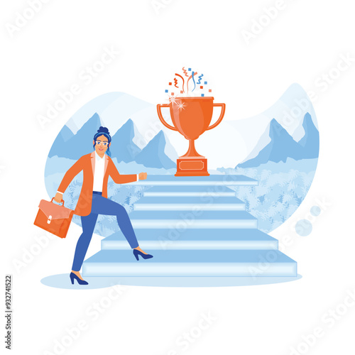 People strive to achieve business goals. The woman walks up the stairs towards the trophy at the top of the stairs. Successful Business Team concept. Flat vector illustration.