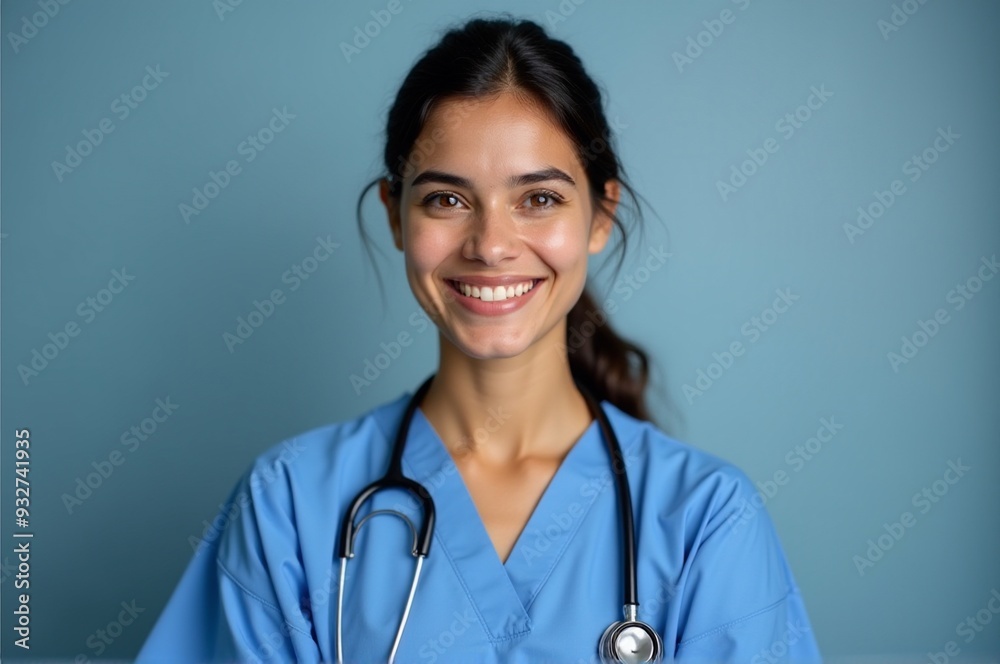 A smiling female doctor in blue scrubs with a stethoscope, symbolizing healthcare and professionalism, suitable for medical, education, and promotional uses with copy space.