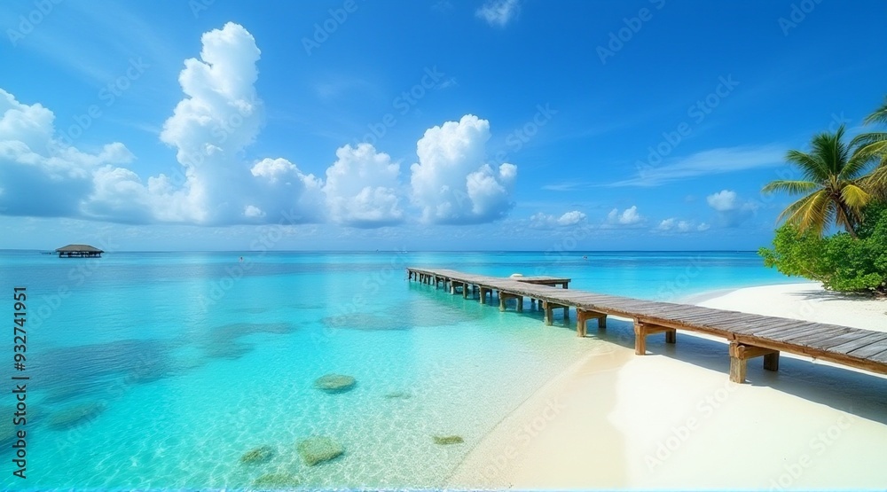 Serene beach view featuring a wooden pier and azure waters, ideal for travel promotions, tourism ads, or screen savers with copy space. Serene beach view featuring a wooden pier and azure waters, ideal for travel promotions, tourism ads, or screen savers with copy space.