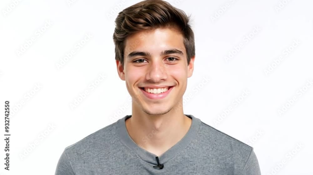 Young man smiles warmly on camera in a casual setting Young man smiles warmly on camera in a casual setting
