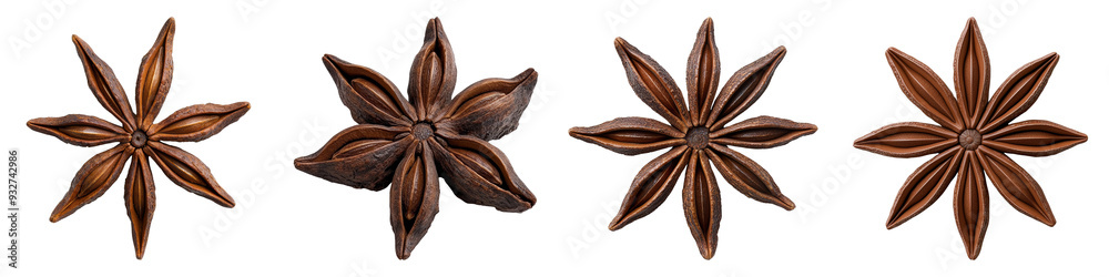 Star anise spices on a white background, highlighting their unique star shape and rich color, perfect for culinary use Star anise spices on a white background, highlighting their unique star shape and rich color, perfect for culinary use