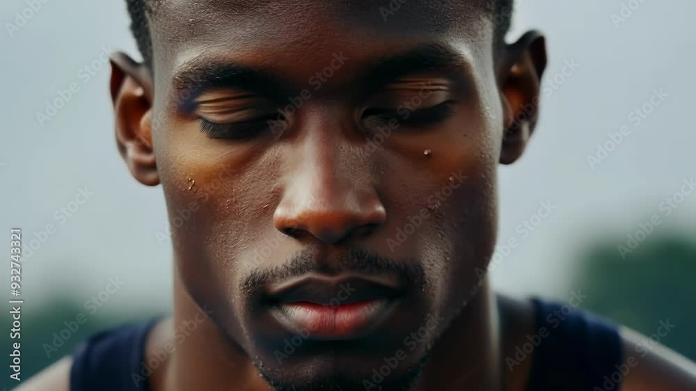 Determined black athlete catches his breath during a workout, showcasing focus and inner strength with closed eyes and glistening sweat