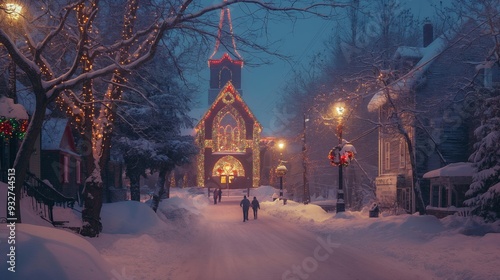 A snowy street with a church and people walking on it