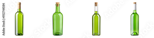 Collection of green glass bottles on a white background for product presentation and packaging