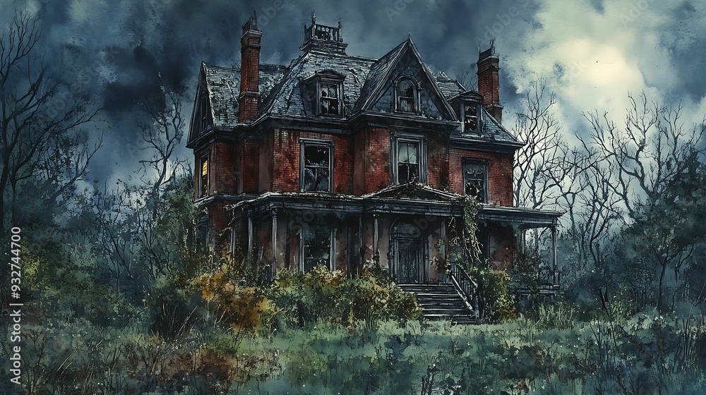 Obraz premium Haunted mansion, overgrown garden, broken windows, Watercolor style 