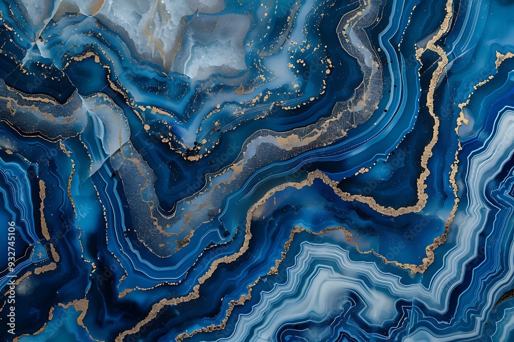 top view of blue agate surface with white and gold lines, blue background, hyper realistic, highly detailed, 