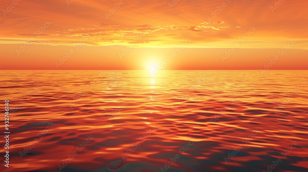 Fototapeta premium The horizon glows with a brilliant gradient of gold and red, reflecting off the calm waters below as the sun dips below the horizon.