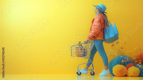 A stylish young woman with a fashion hat and shopping cart, with shoes and bags floating in a 3D cartoon style on a yellow background. photo