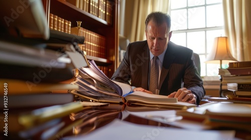 A lawyer in a professional suit reviewing legal briefs and case files at a desk.