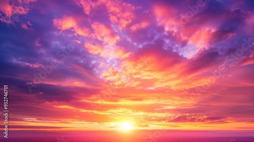 The setting sun creates a spectacular display of color, with vibrant oranges and deep purples merging into a beautiful evening sky.