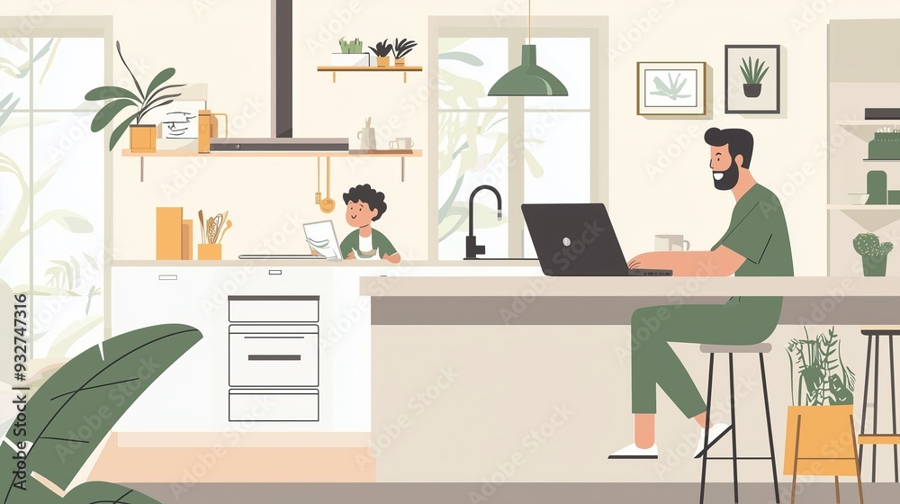 A professional balancing remote work and parenting, with a child playing in the background and a laptop on the kitchen counter A professional balancing remote work and parenting, with a child playing in the background and a laptop on the kitchen counter