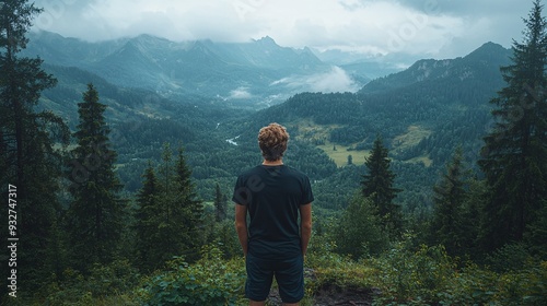 mock up of a man wearing a plain black t-shirt from behind, with a mountain forest background with dense green trees