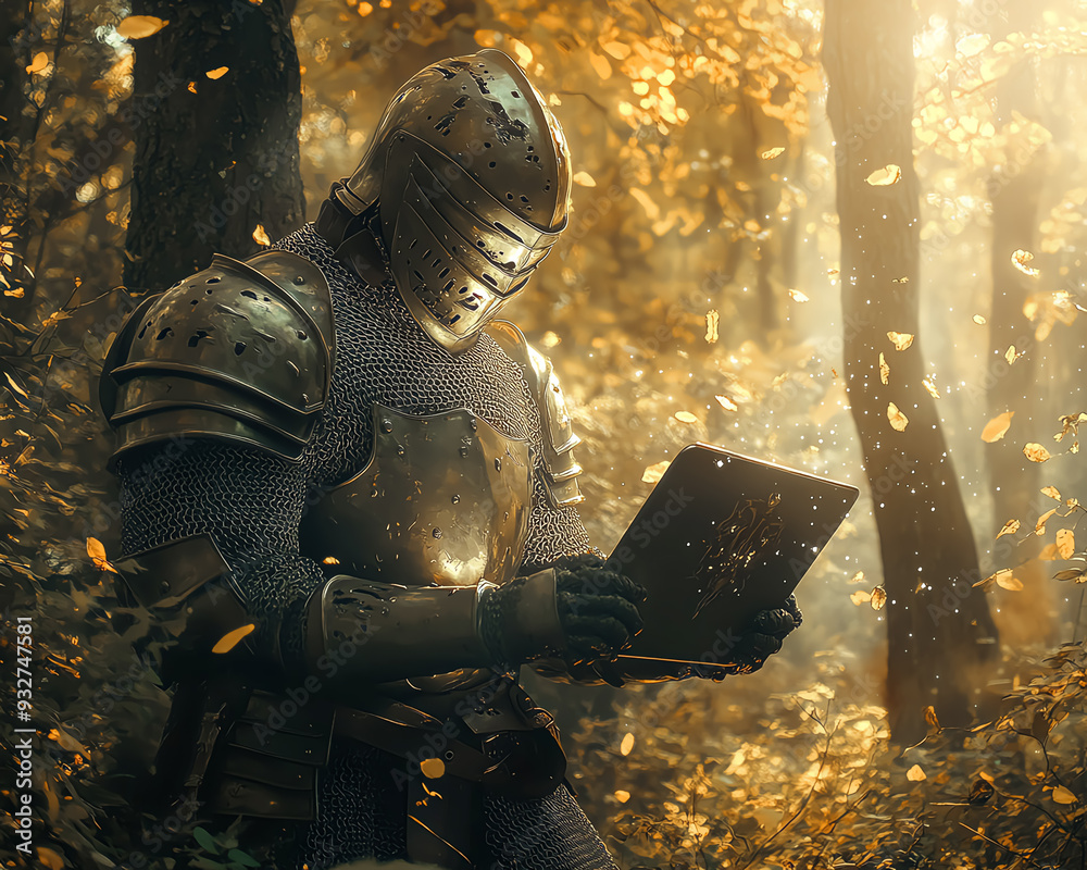 Frontal view of a medieval knight in gleaming armor Frontal view of a medieval knight in gleaming armor