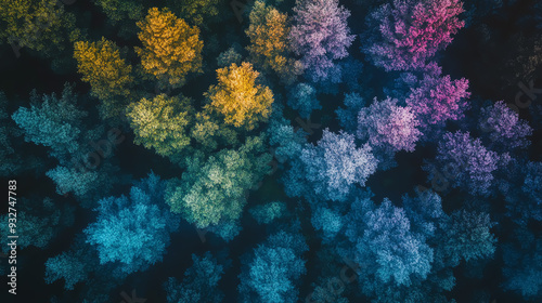 Frontal view of an enchanted forest minimalistically designed with vibrant colors, captured in photorealistic drone photography, soft morning light piercing through ancient trees photo