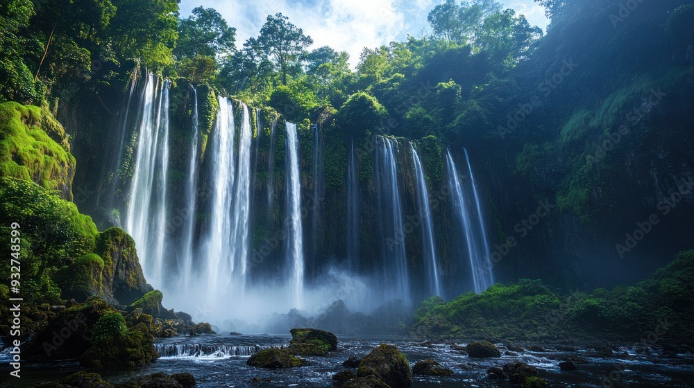 Naklejka premium Serene Waterfall in Lush Jungle