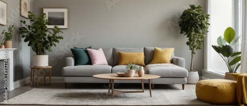 Stylish living room featuring a grey sofa, yellow armchair, and vibrant indoor plants. Contemporary decor with elegant lighting and a cozy atmosphere perfect for relaxation.