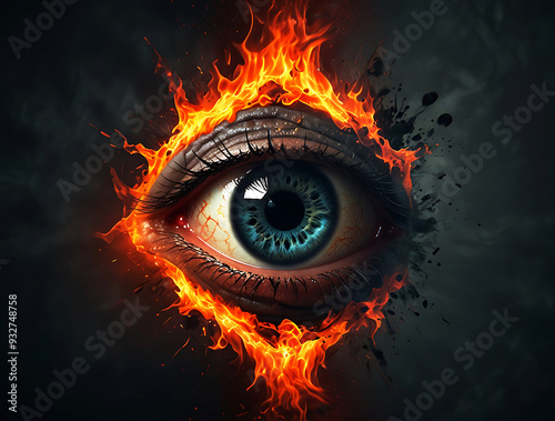 Abstract burning fire inside, flames coming out of eye sockets