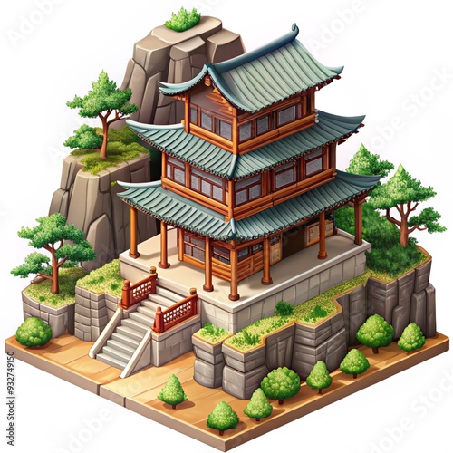 Isometric Chinese Rock House Illustrating Traditional Architecture Perfect for Cultural Presentations and Design Projects